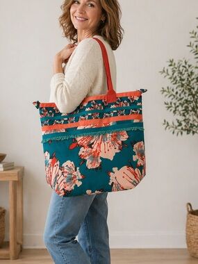 Canvas Tote Bag Teal and Coral Floral Zipper closure Lined NNT